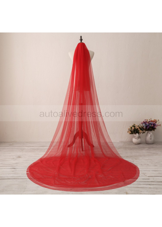 Red Two-tier Wedding Veil Plain Edge Long Bridal Veil